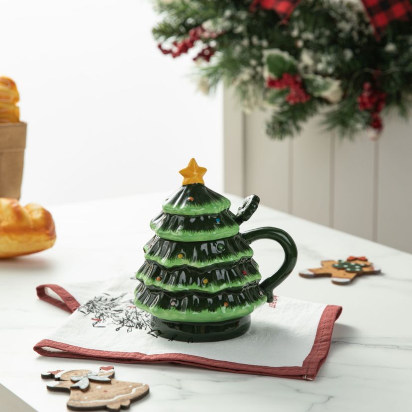 6.5"H Christmas Ceramic Tree Mug with Lid and Spoon