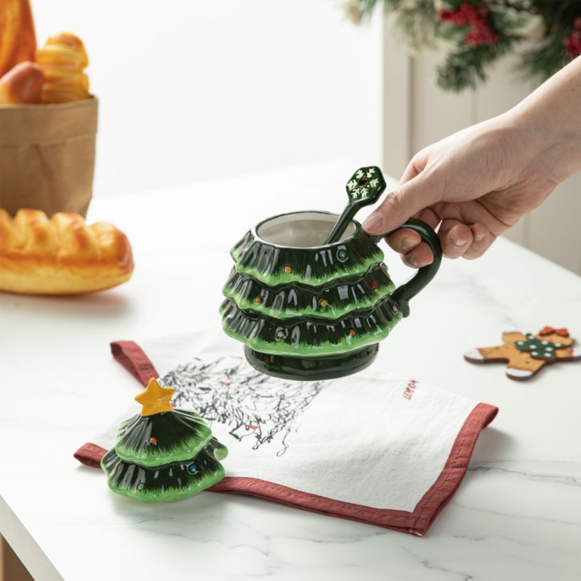 6.5"H Christmas Ceramic Tree Mug with Lid and Spoon