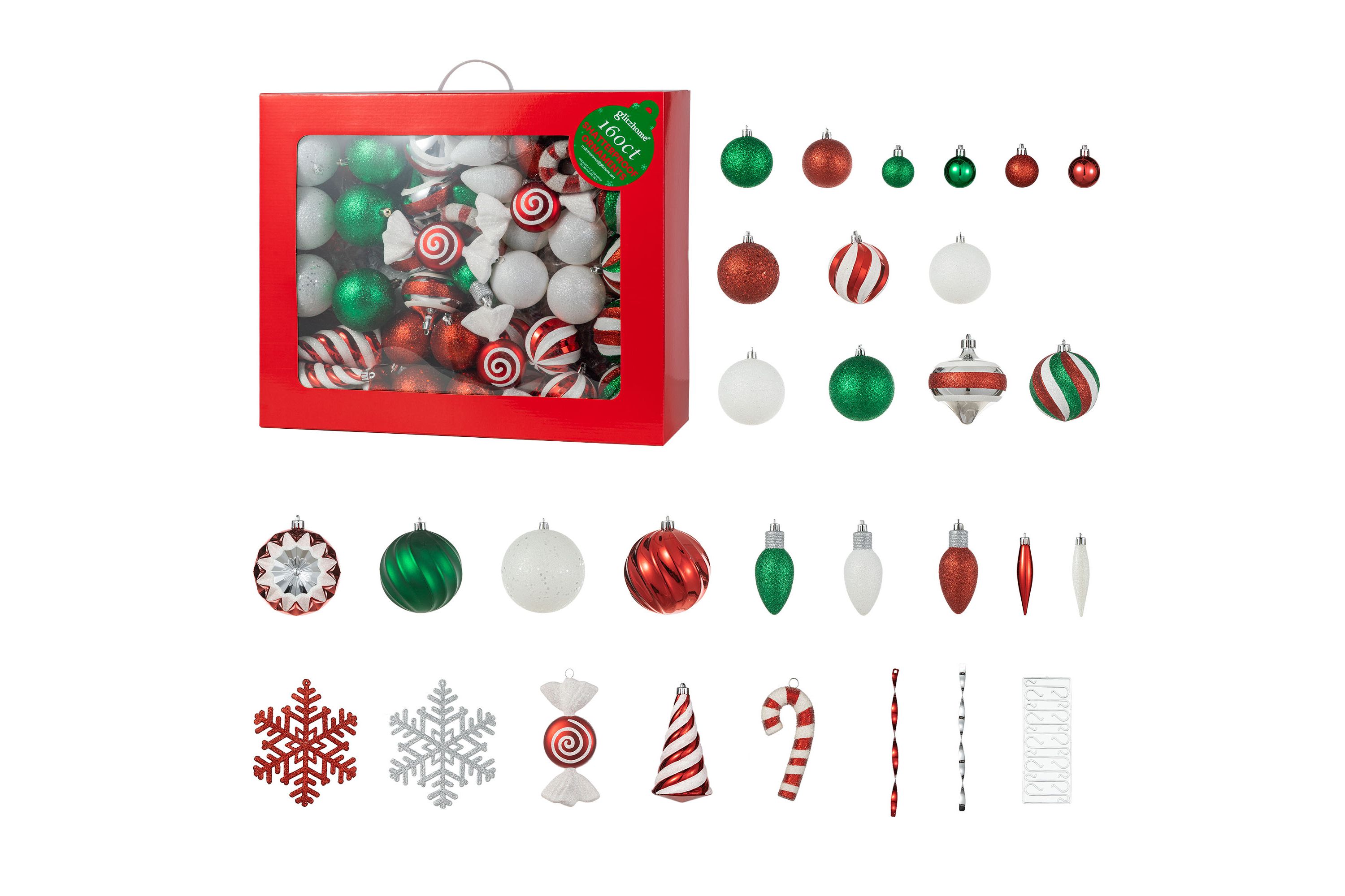 160ct Christmas Whimsical Red & Green Deluxe Boxed Shatterproof Ornaments
