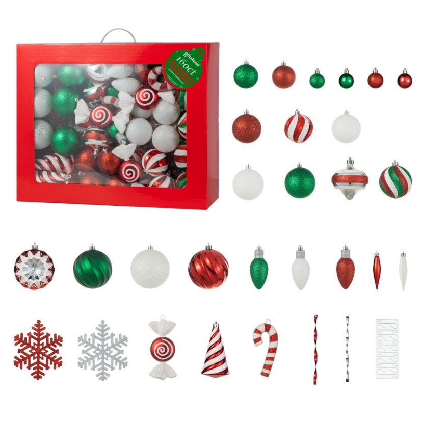 160ct Christmas Whimsical Red & Green Deluxe Boxed Shatterproof Ornaments