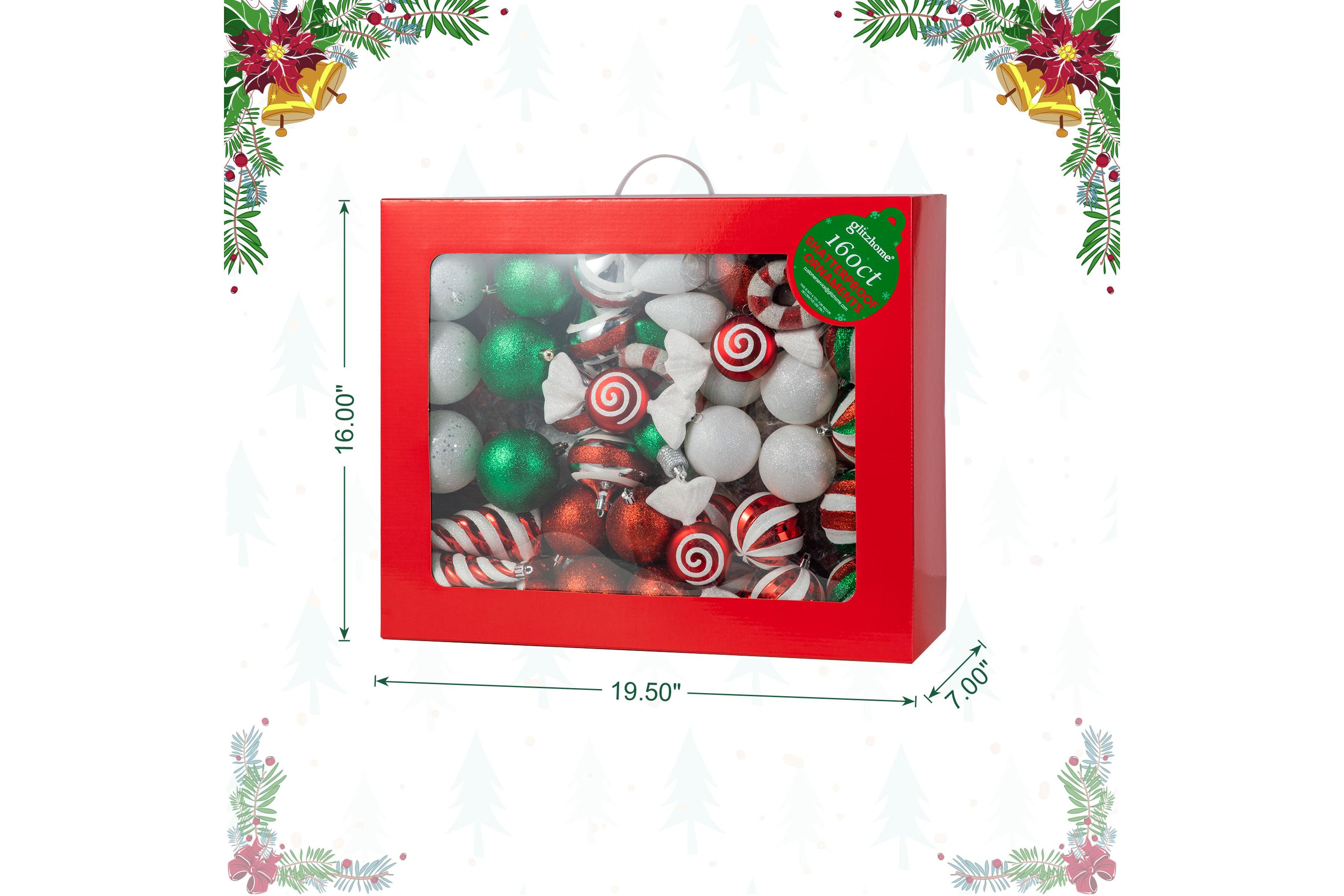 160ct Christmas Whimsical Red & Green Deluxe Boxed Shatterproof Ornaments