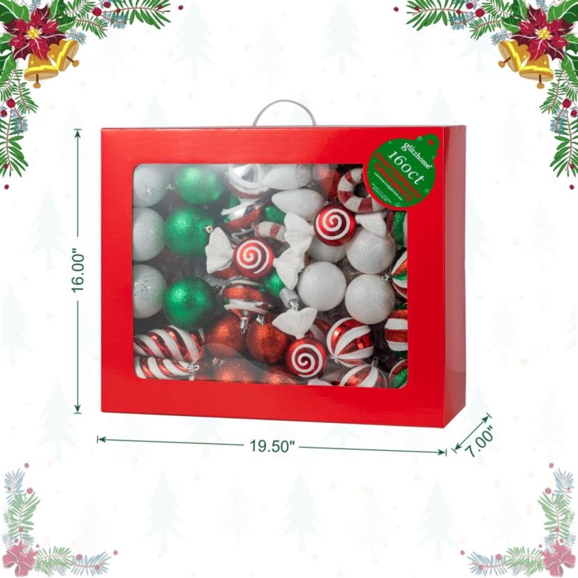 160ct Christmas Whimsical Red & Green Deluxe Boxed Shatterproof Ornaments