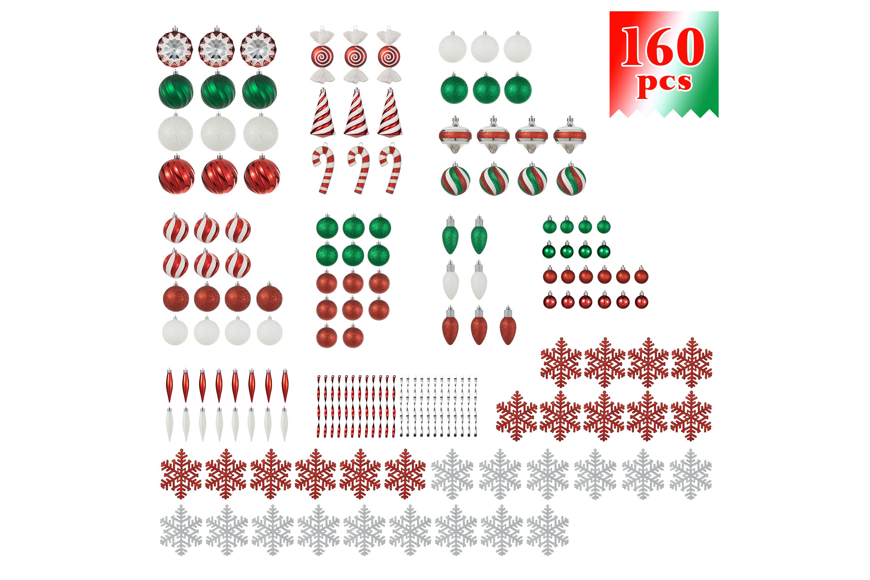160ct Christmas Whimsical Red & Green Deluxe Boxed Shatterproof Ornaments