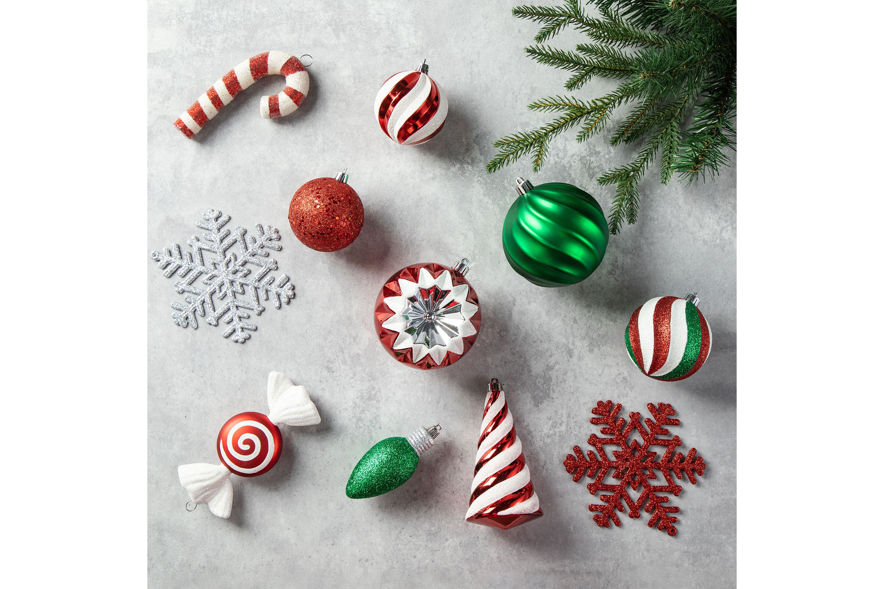 160ct Christmas Whimsical Red & Green Deluxe Boxed Shatterproof Ornaments