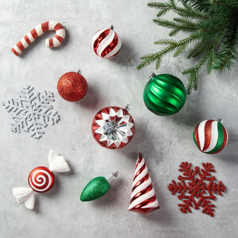 160ct Christmas Whimsical Red & Green Deluxe Boxed Shatterproof Ornaments