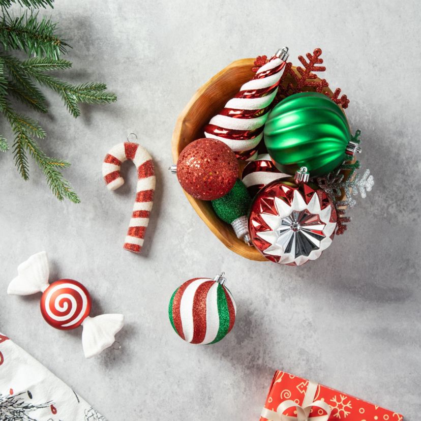 160ct Christmas Whimsical Red & Green Deluxe Boxed Shatterproof Ornaments