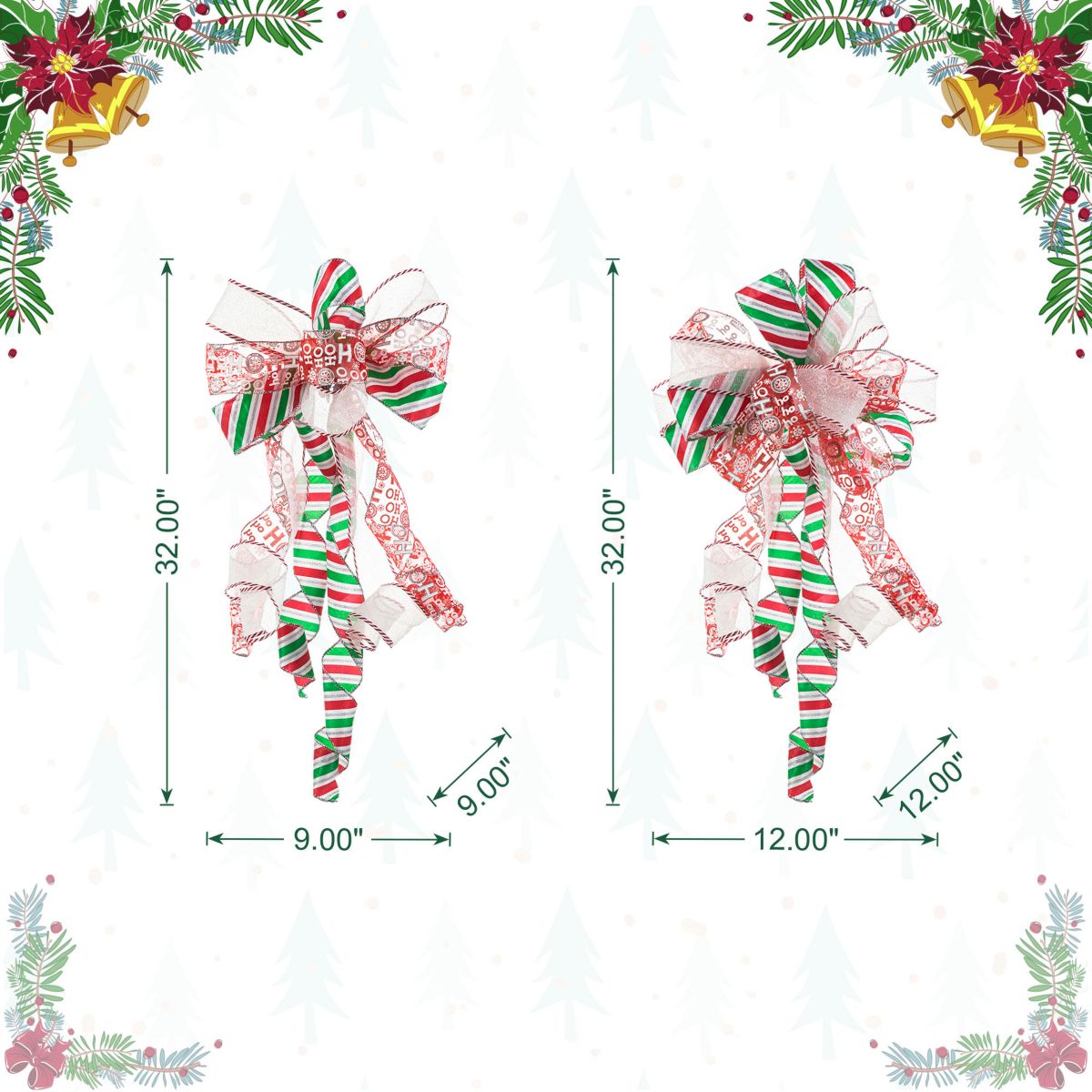 Set of 9 32"H Christmas Whimsical Red & Green ribbon bow decor