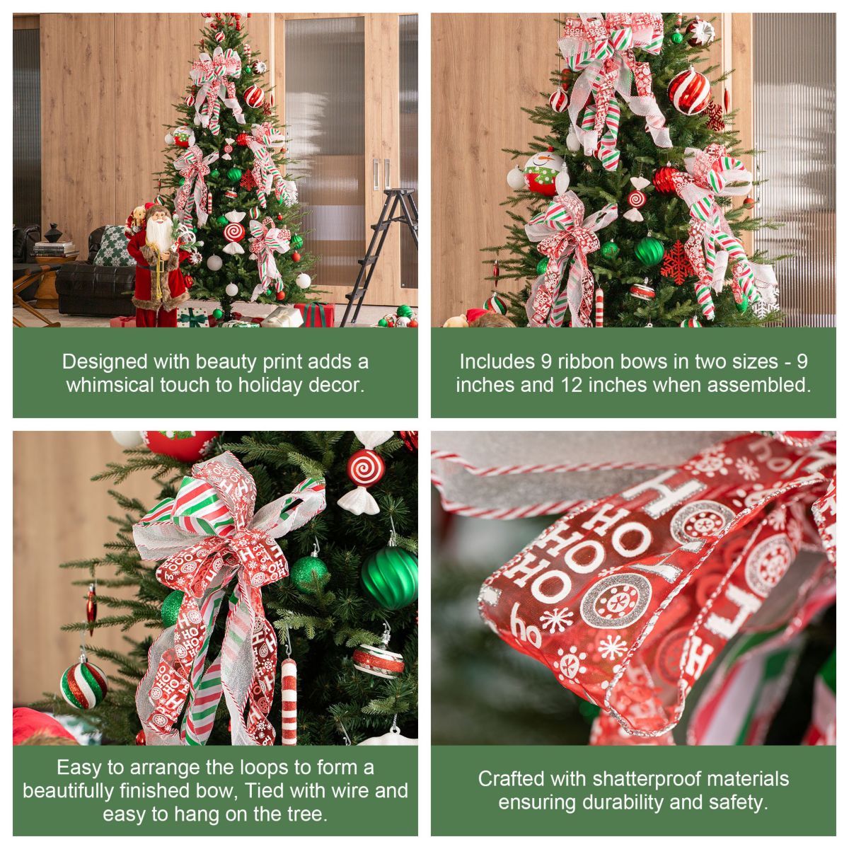 Set of 9 32"H Christmas Whimsical Red & Green ribbon bow decor