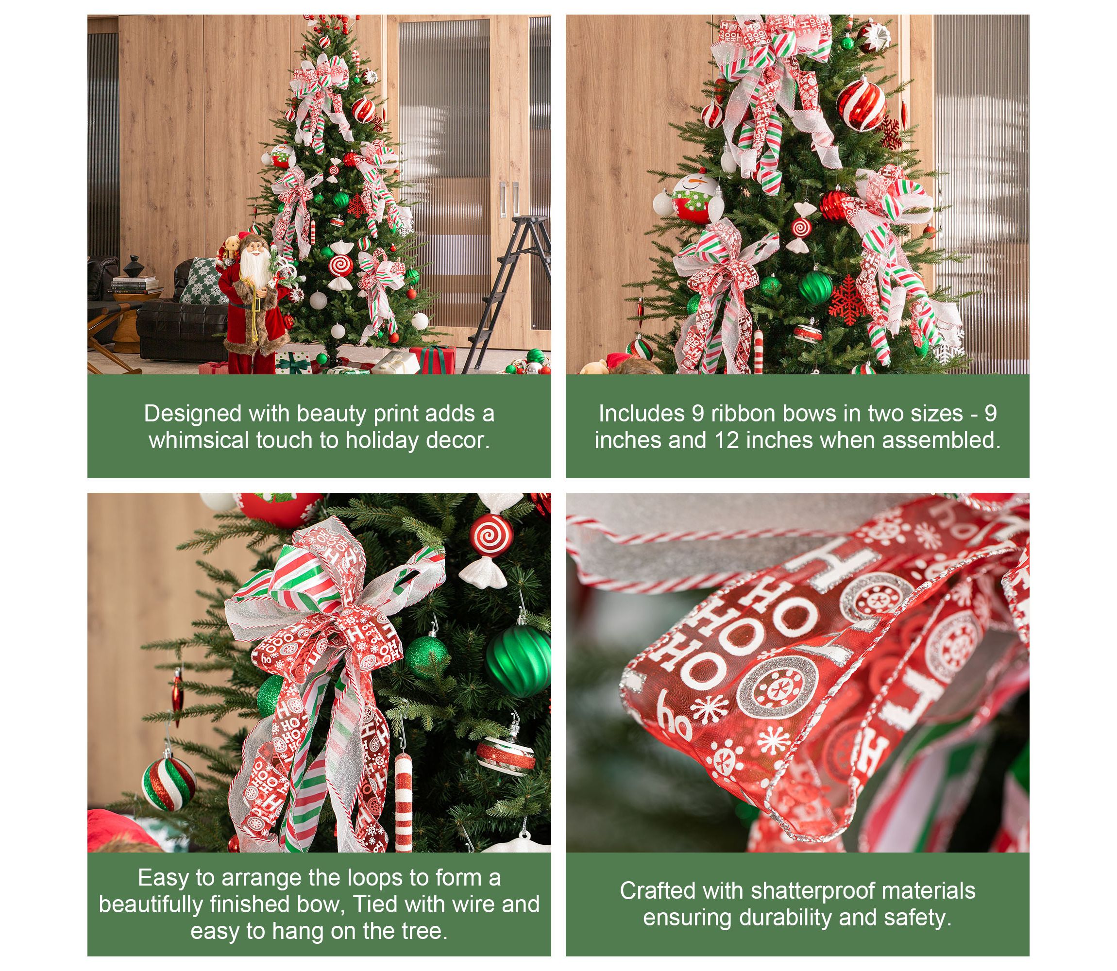 Set of 9 32"H Christmas Whimsical Red & Green ribbon bow decor