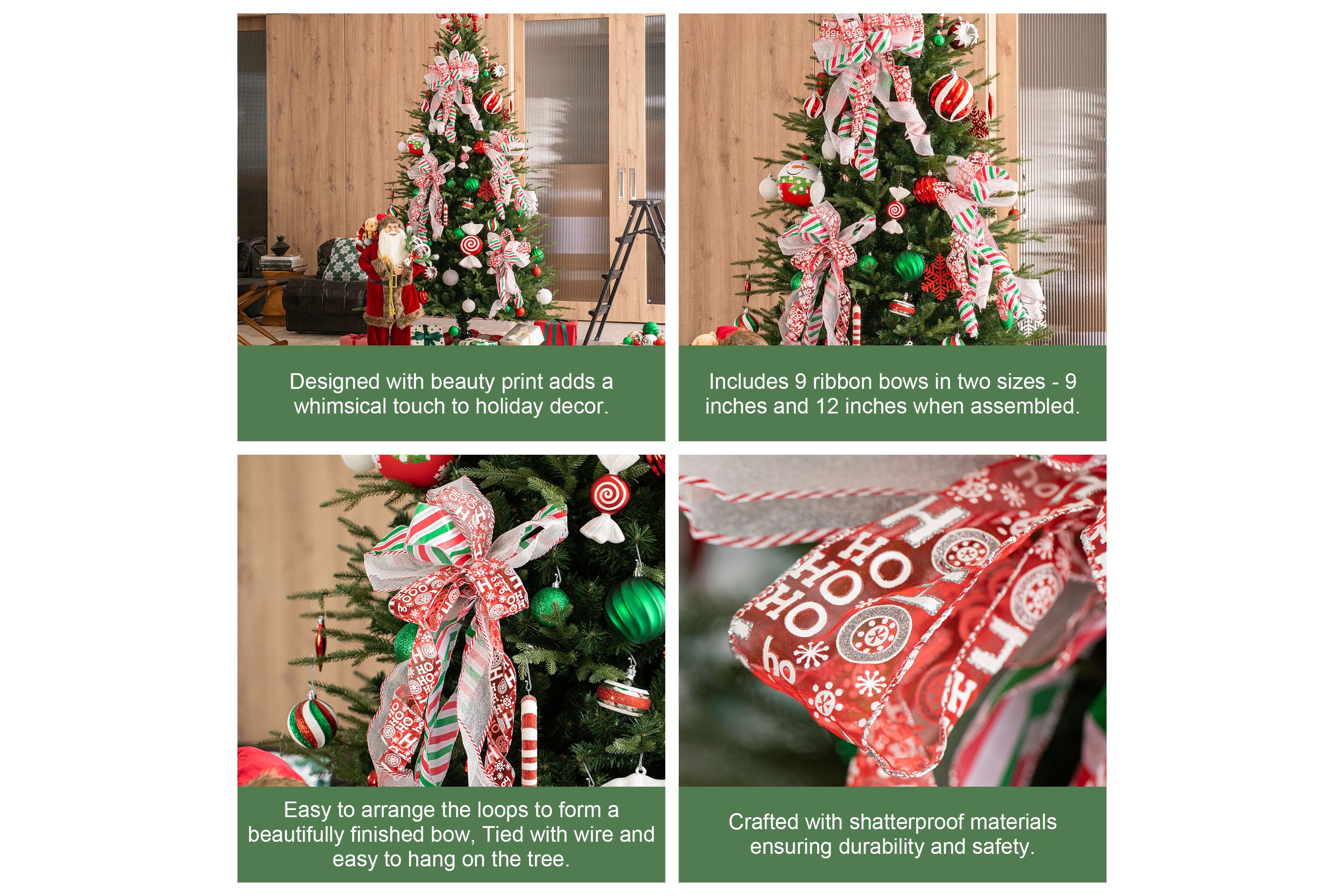 Set of 9 32"H Christmas Whimsical Red & Green ribbon bow decor