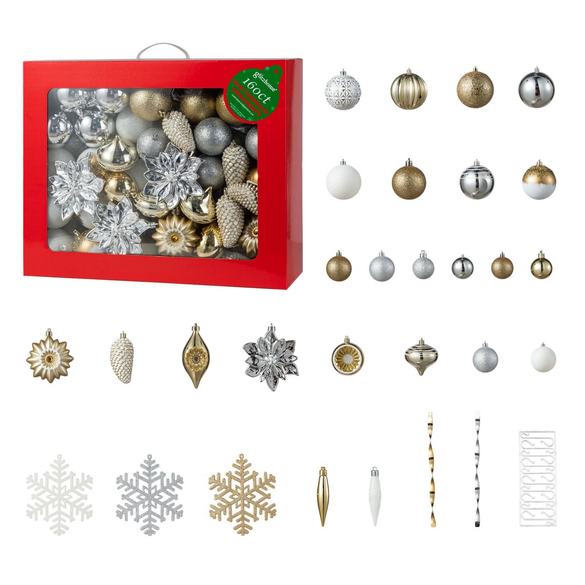 160ct Christmas Elegant Silver & Gold Deluxe Boxed Shatterproof Ornaments