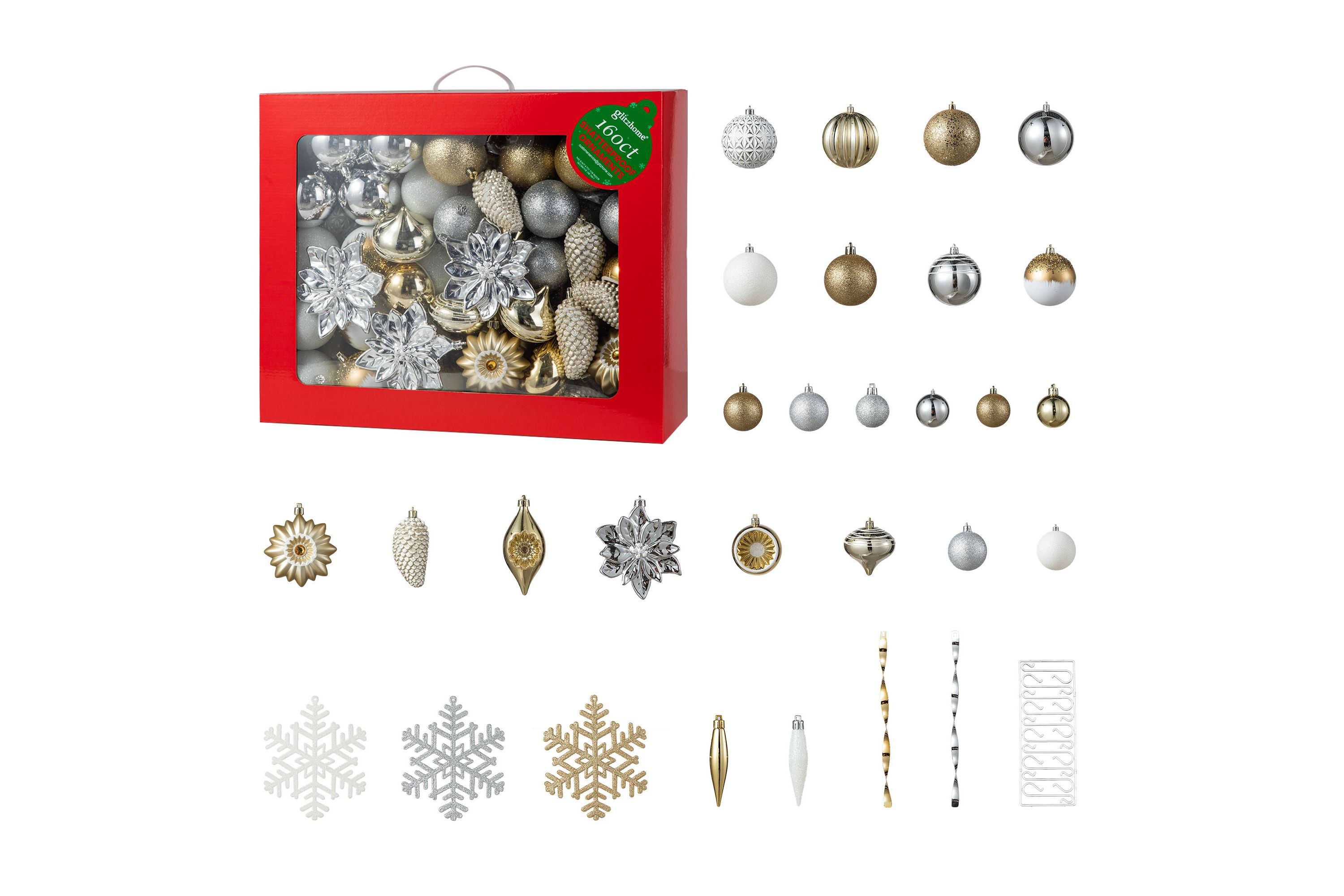 160ct Christmas Elegant Silver & Gold Deluxe Boxed Shatterproof Ornaments