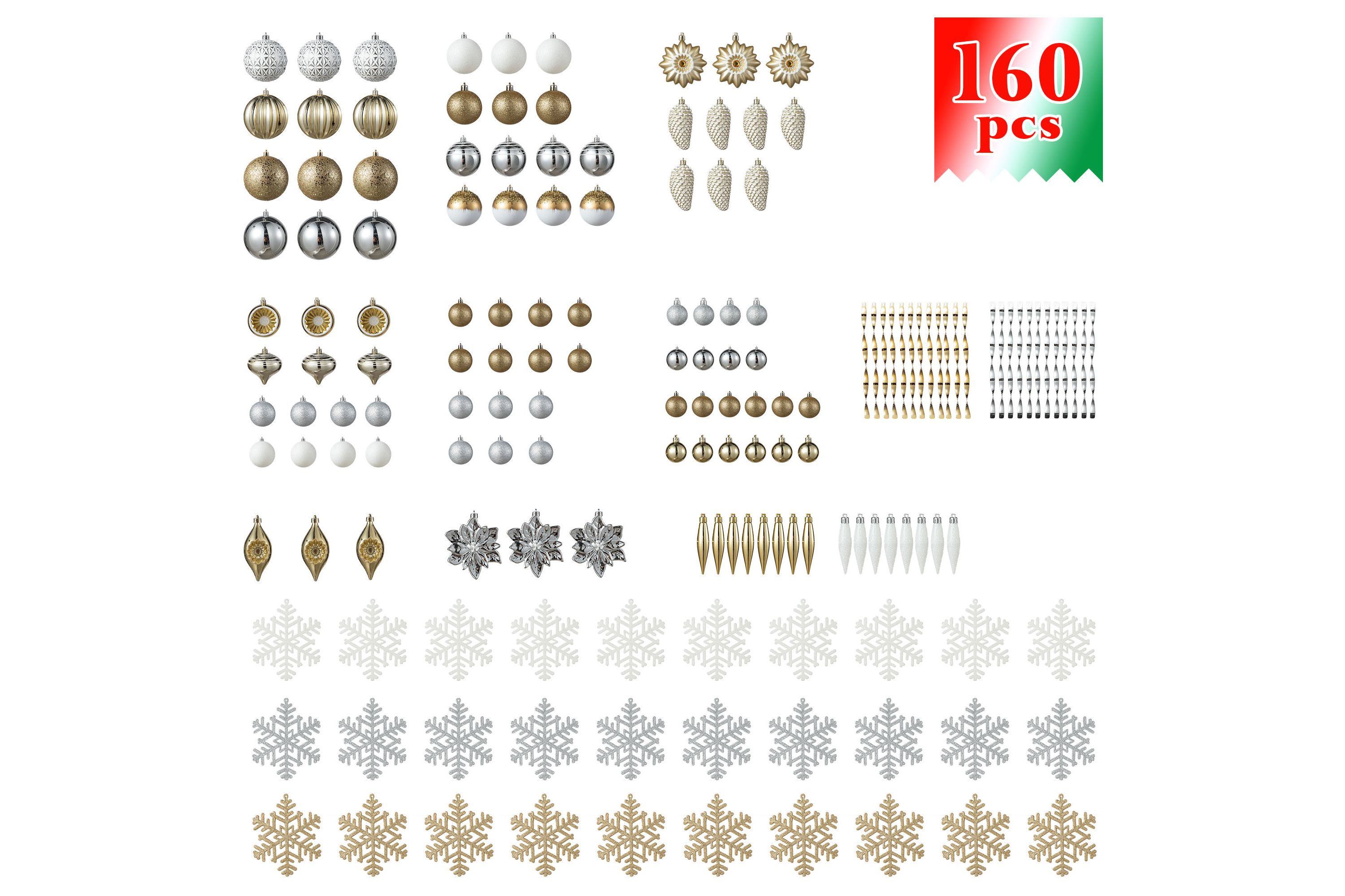 160ct Christmas Elegant Silver & Gold Deluxe Boxed Shatterproof Ornaments