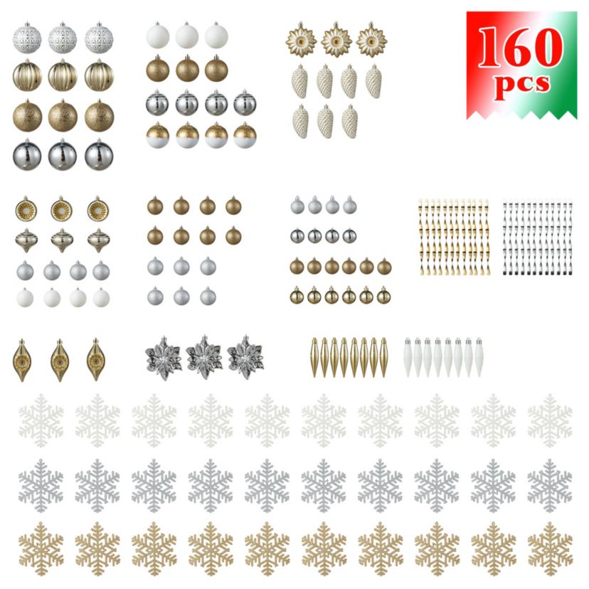 160ct Christmas Elegant Silver & Gold Deluxe Boxed Shatterproof Ornaments