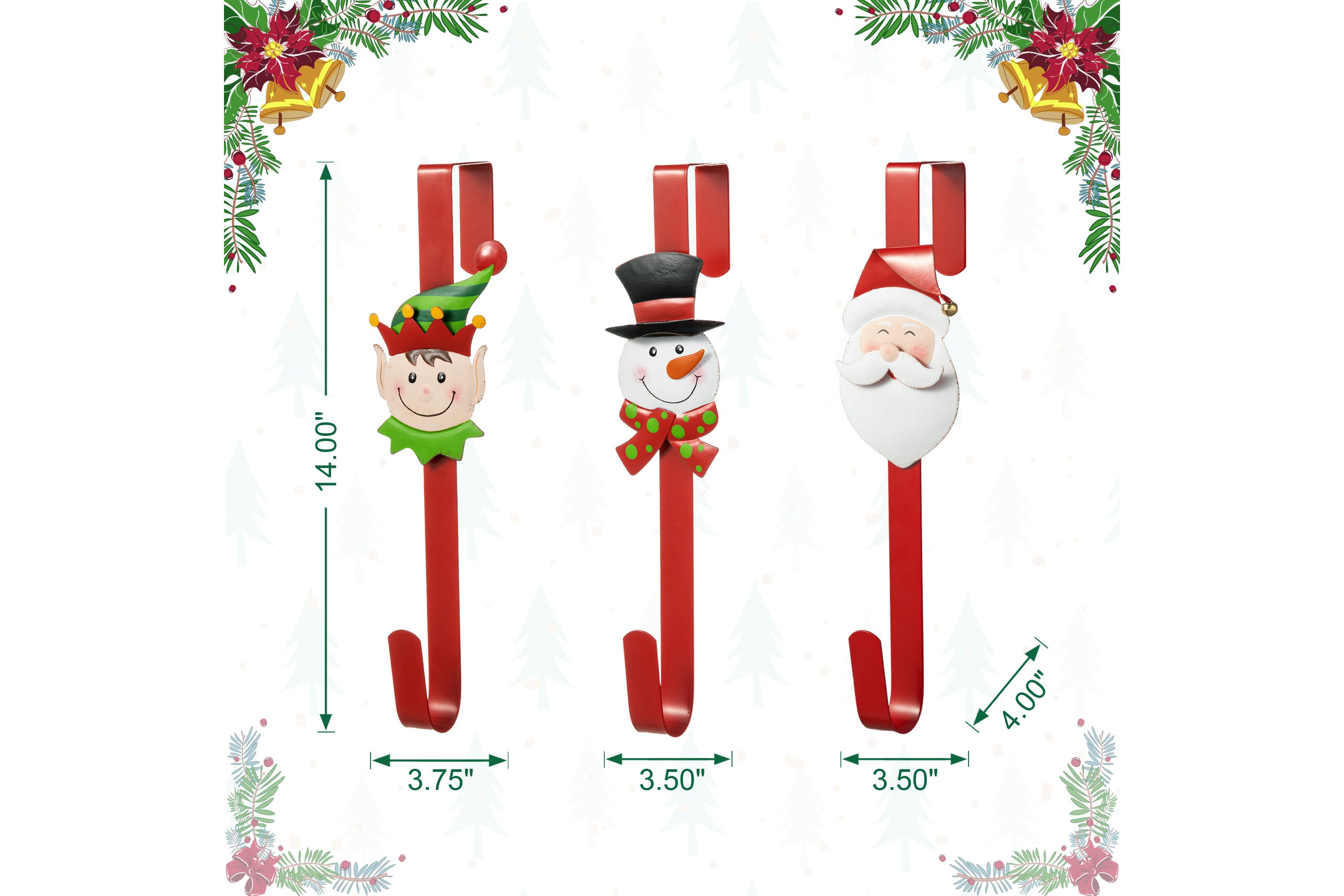 14"H Set of 3 Christmas Metal Elf, Snowman & Santa Wreath Hanger