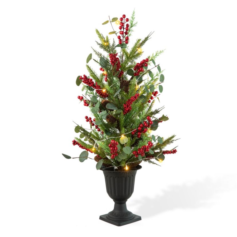 36"H Christmas Lighted Pine Needle and Eucalyptus leaf Urn Porch Tree, 20 Warm White Lights with timer