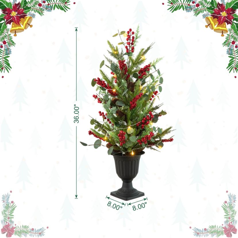 36"H Christmas Lighted Pine Needle and Eucalyptus leaf Urn Porch Tree, 20 Warm White Lights with timer