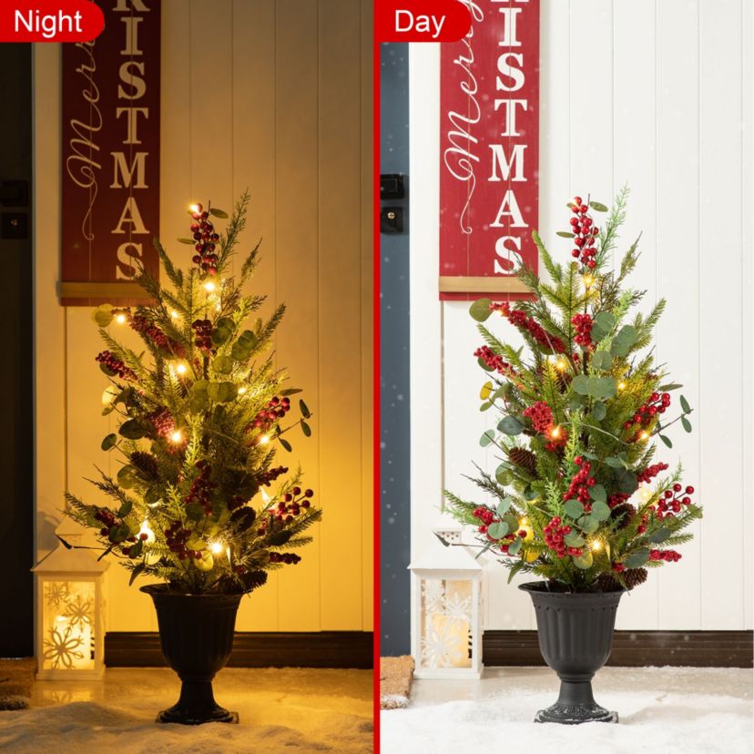 36"H Christmas Lighted Pine Needle and Eucalyptus leaf Urn Porch Tree, 20 Warm White Lights with timer