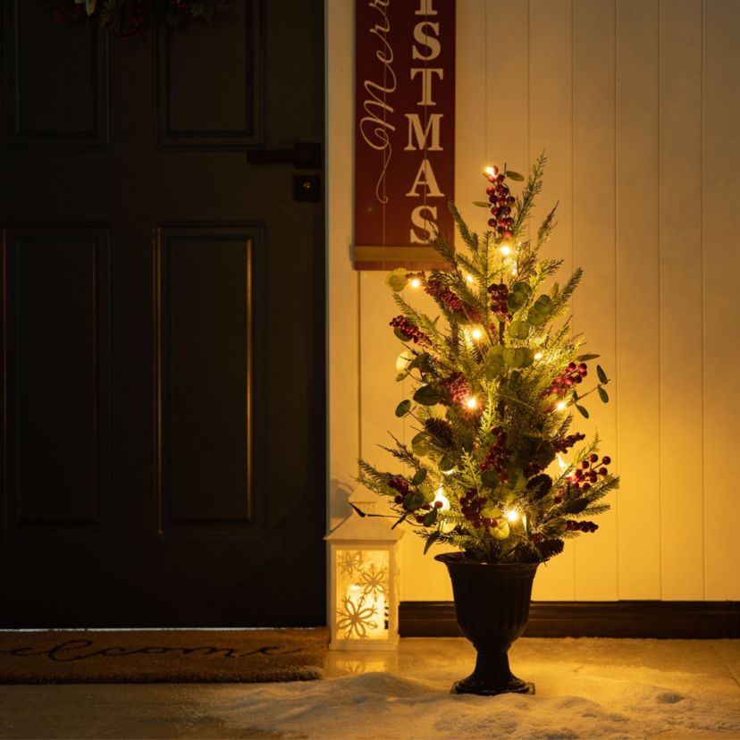 36"H Christmas Lighted Pine Needle and Eucalyptus leaf Urn Porch Tree, 20 Warm White Lights with timer
