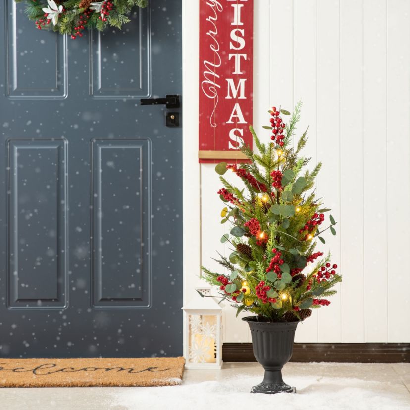 36"H Christmas Lighted Pine Needle and Eucalyptus leaf Urn Porch Tree, 20 Warm White Lights with timer