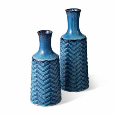 Glitzhome Set of 2 Modern Brilliant Blue Chevron Ceramic Table Vases | Belk