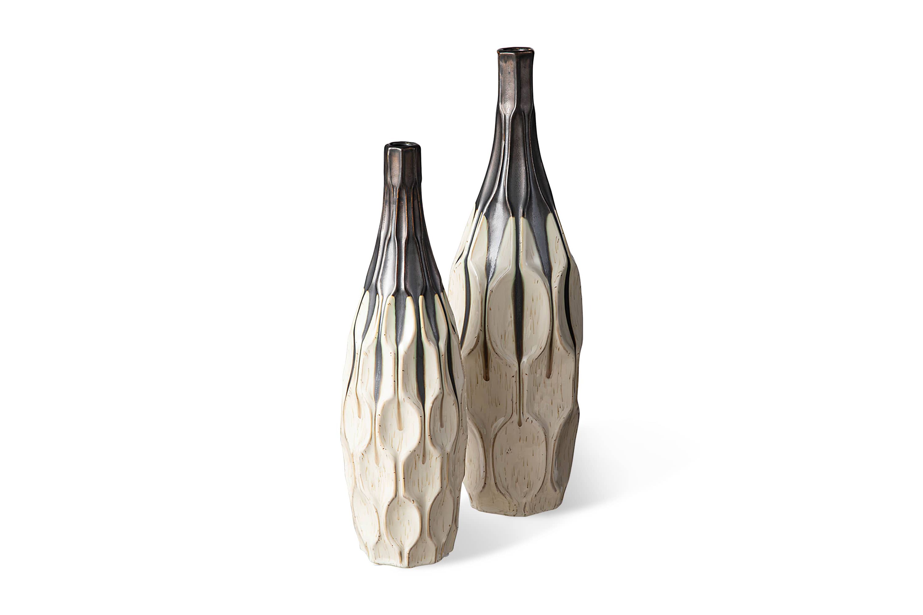 Set of 2 Modern Two-tone Color  with Geometric Faceted Ceramic Table Vases