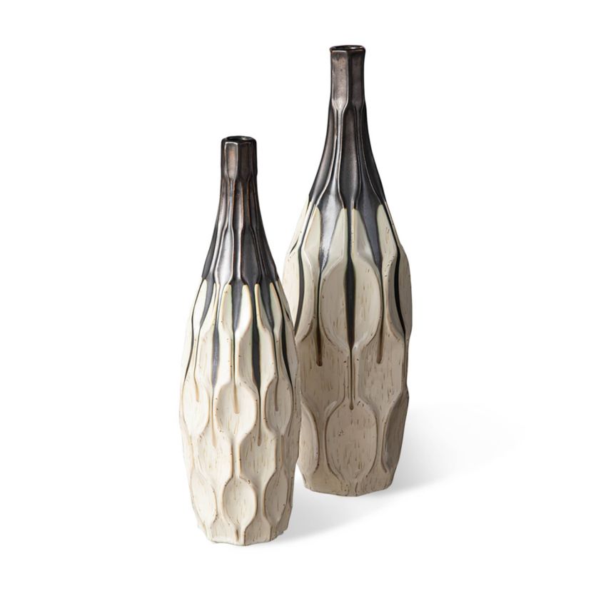 Set of 2 Modern Two-tone Color  with Geometric Faceted Ceramic Table Vases
