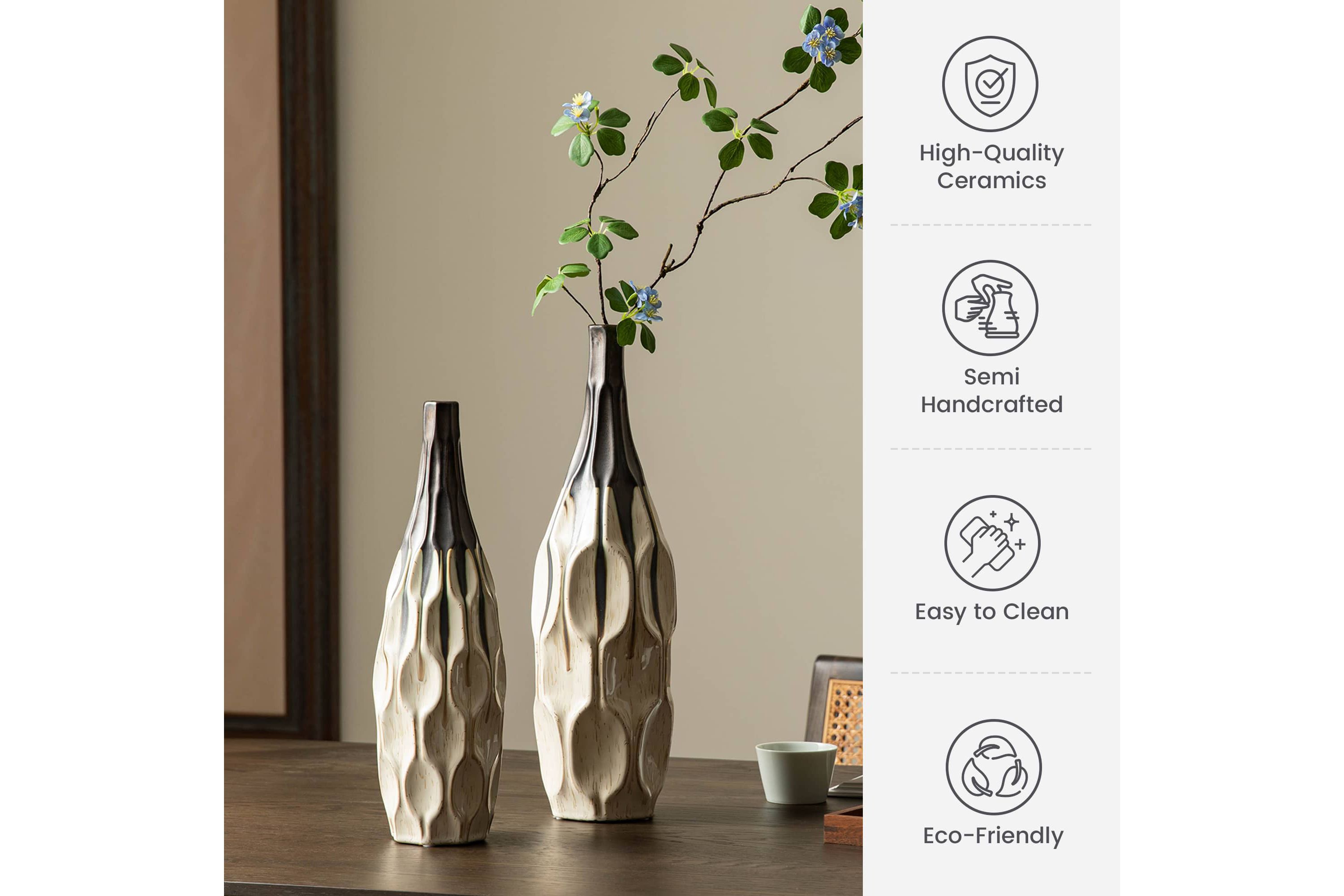 Set of 2 Modern Two-tone Color  with Geometric Faceted Ceramic Table Vases