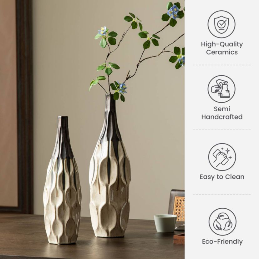 Set of 2 Modern Two-tone Color  with Geometric Faceted Ceramic Table Vases