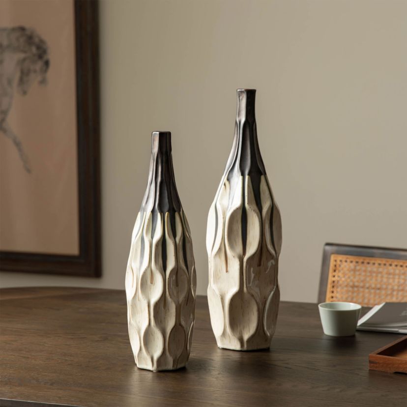 Set of 2 Modern Two-tone Color  with Geometric Faceted Ceramic Table Vases