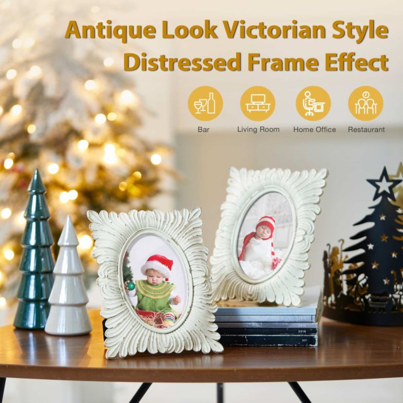Set of 2  White Ornate Resin Tabletop Picture Frames-4x6