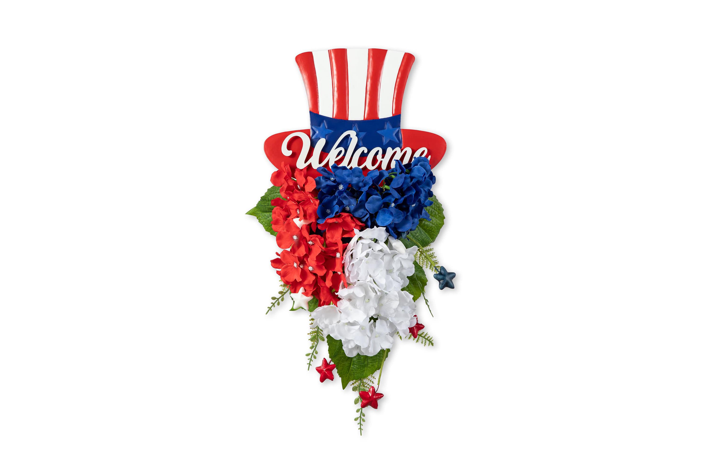 22.5"H Patriotic/ Americana Metal Top Hat & Hydrangea Swag Wall Decor