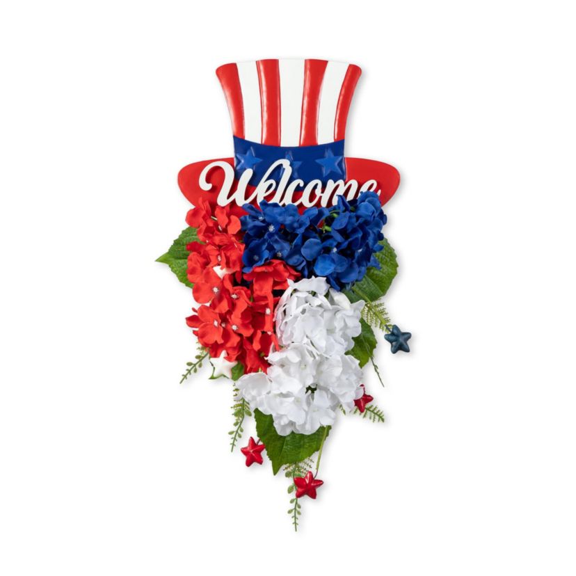 22.5"H Patriotic/ Americana Metal Top Hat & Hydrangea Swag Wall Decor