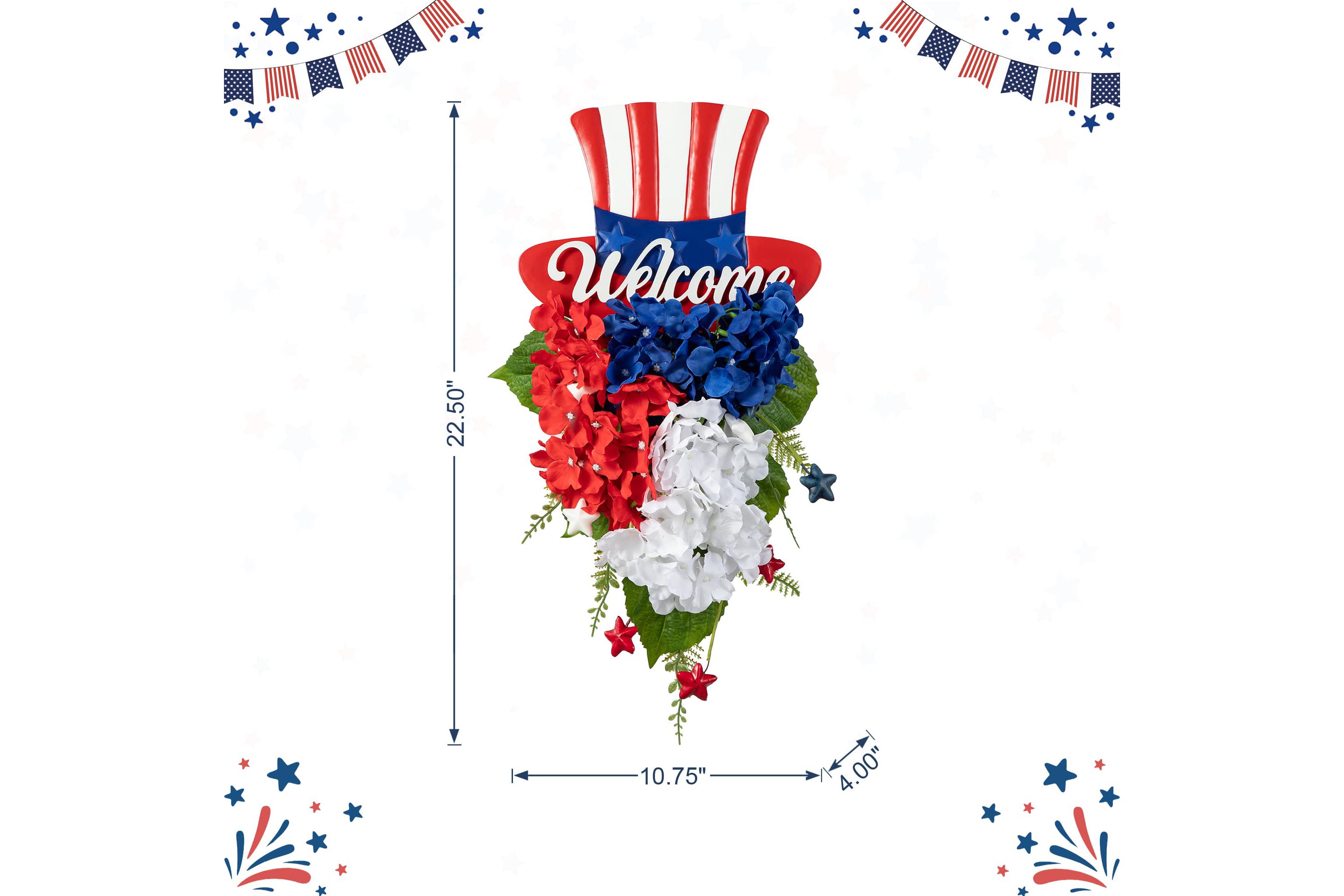 22.5"H Patriotic/ Americana Metal Top Hat & Hydrangea Swag Wall Decor
