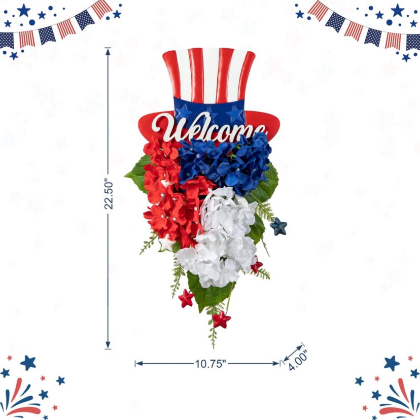 22.5"H Patriotic/ Americana Metal Top Hat & Hydrangea Swag Wall Decor