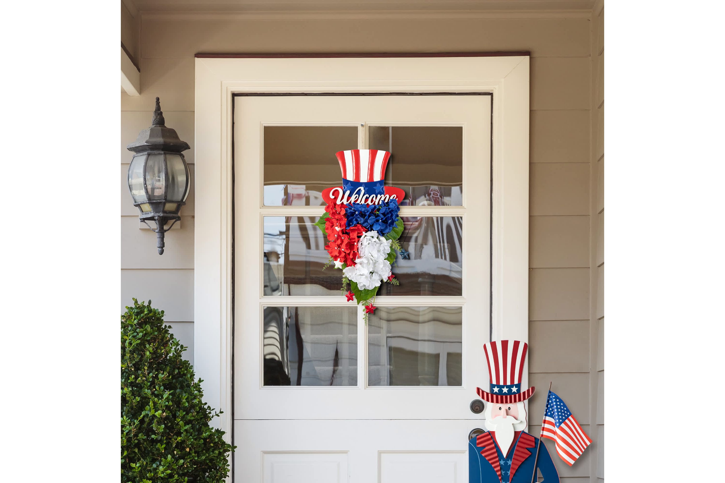 22.5"H Patriotic/ Americana Metal Top Hat & Hydrangea Swag Wall Decor
