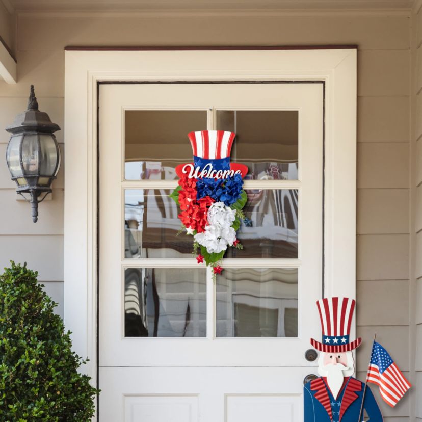 22.5"H Patriotic/ Americana Metal Top Hat & Hydrangea Swag Wall Decor