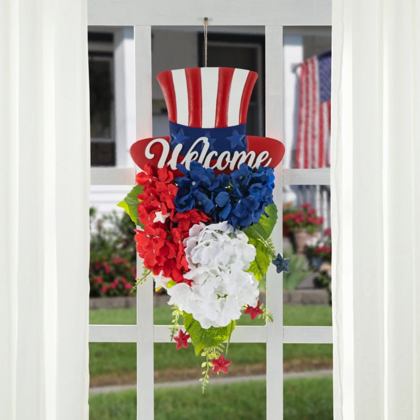 22.5"H Patriotic/ Americana Metal Top Hat & Hydrangea Swag Wall Decor