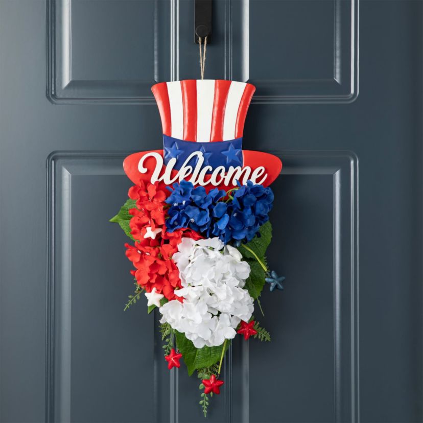 22.5"H Patriotic/ Americana Metal Top Hat & Hydrangea Swag Wall Decor