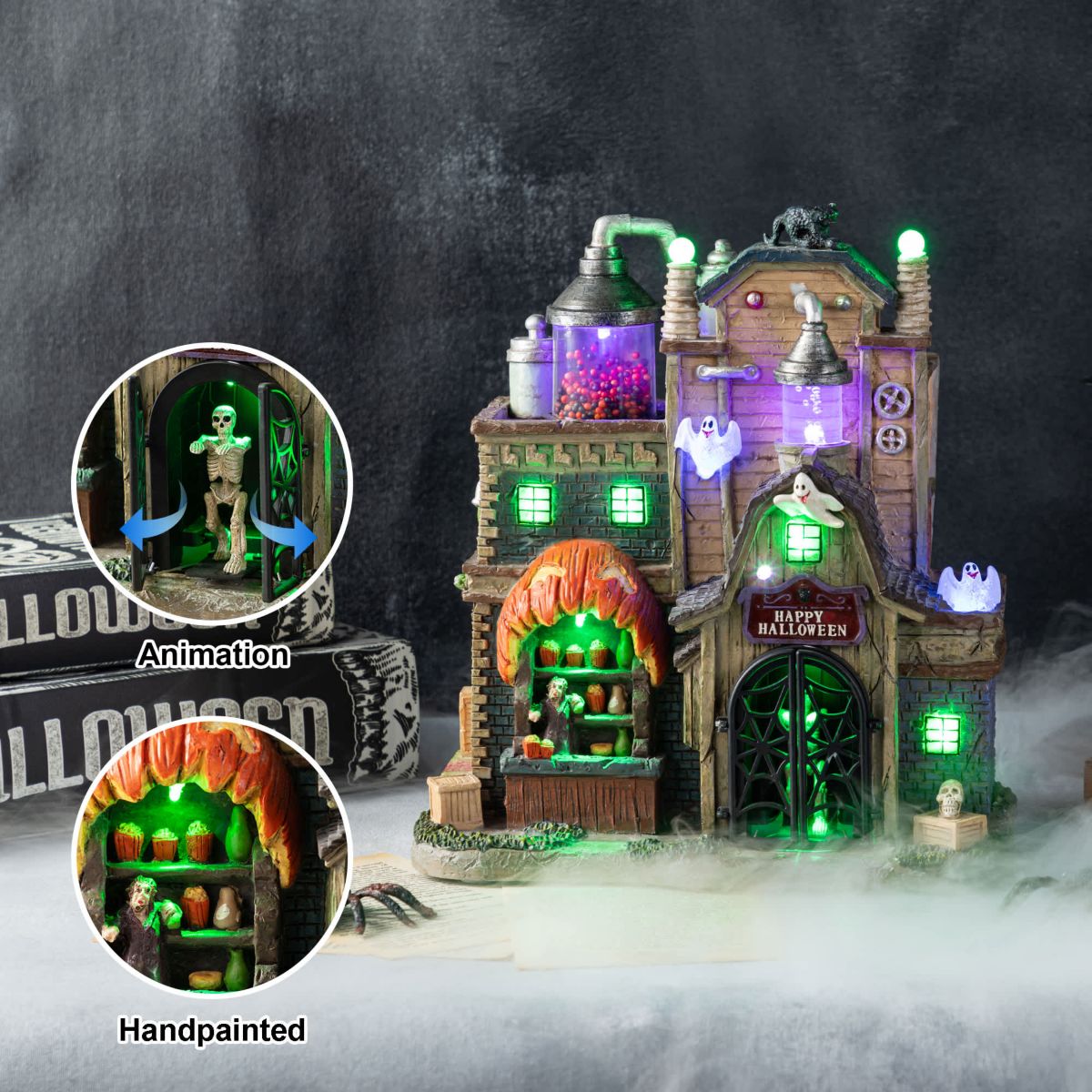 11"H Lighted  Resin Halloween Haunted House Table Village Decor