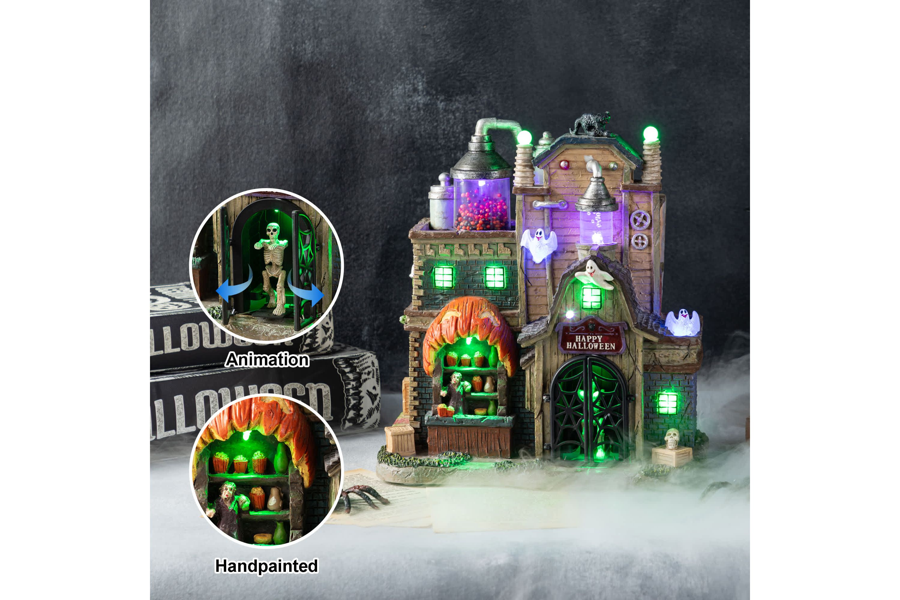 11"H Lighted  Resin Halloween Haunted House Table Village Decor