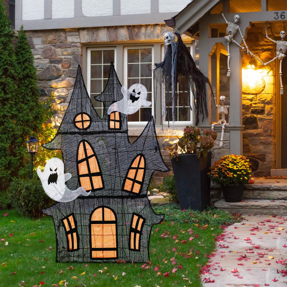 61.75"H Lighted Halloween 2D Haunted House Outdoor Décor with 210 Warm White LED Lights （KD）