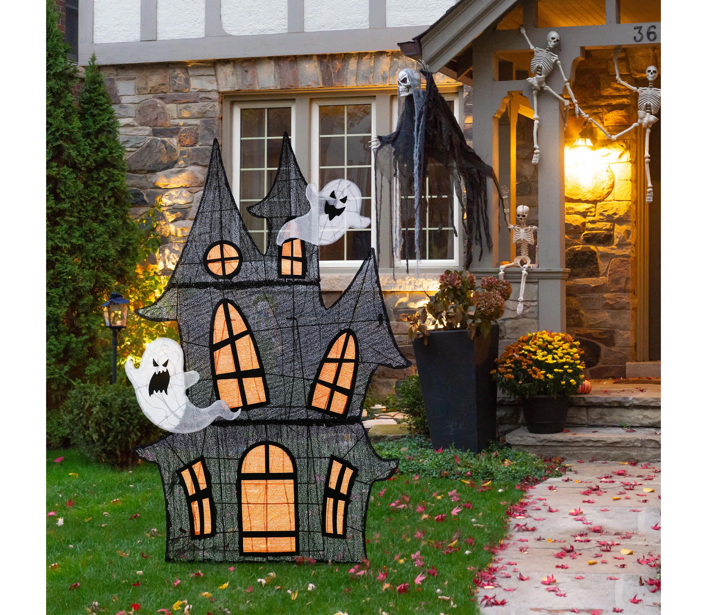 61.75"H Lighted Halloween 2D Haunted House Outdoor Décor with 210 Warm White LED Lights （KD）