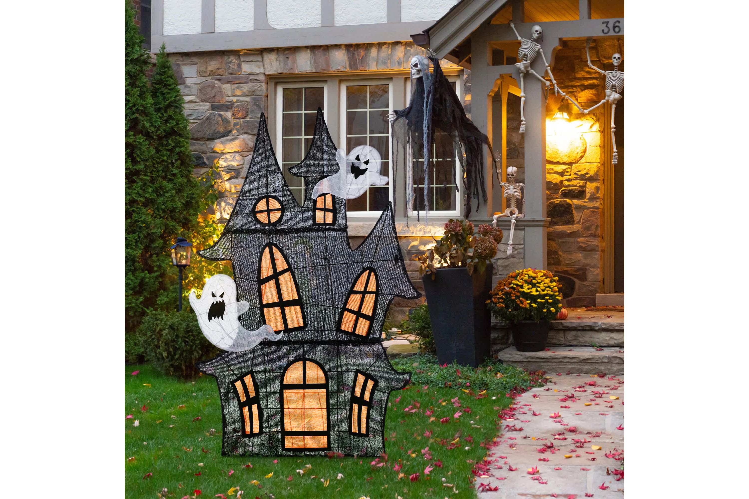61.75"H Lighted Halloween 2D Haunted House Outdoor Décor with 210 Warm White LED Lights （KD）