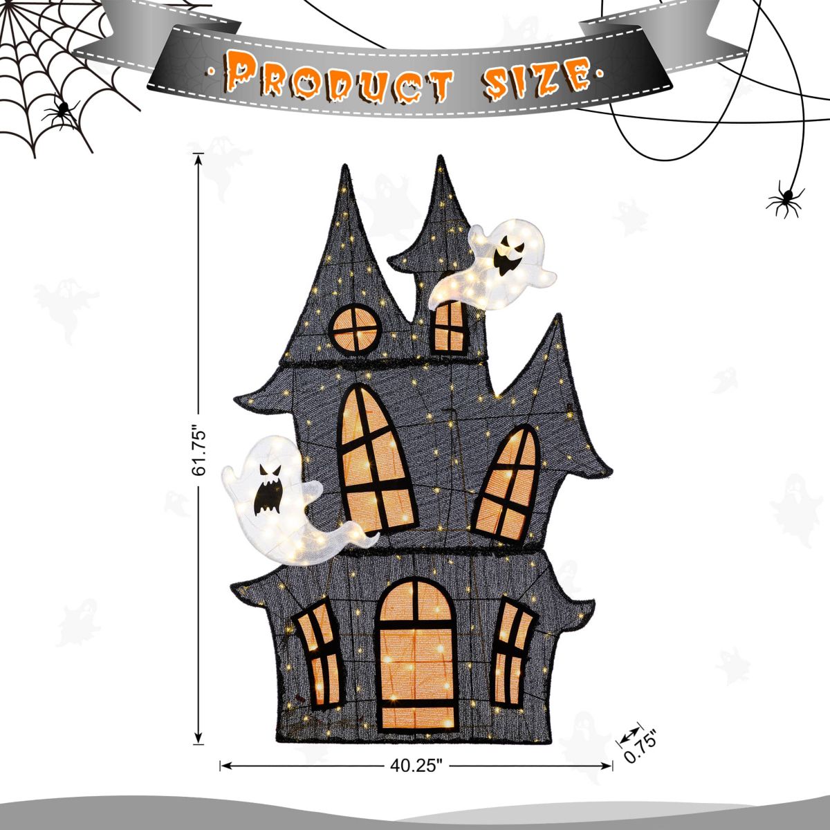 61.75"H Lighted Halloween 2D Haunted House Outdoor Décor with 210 Warm White LED Lights （KD）