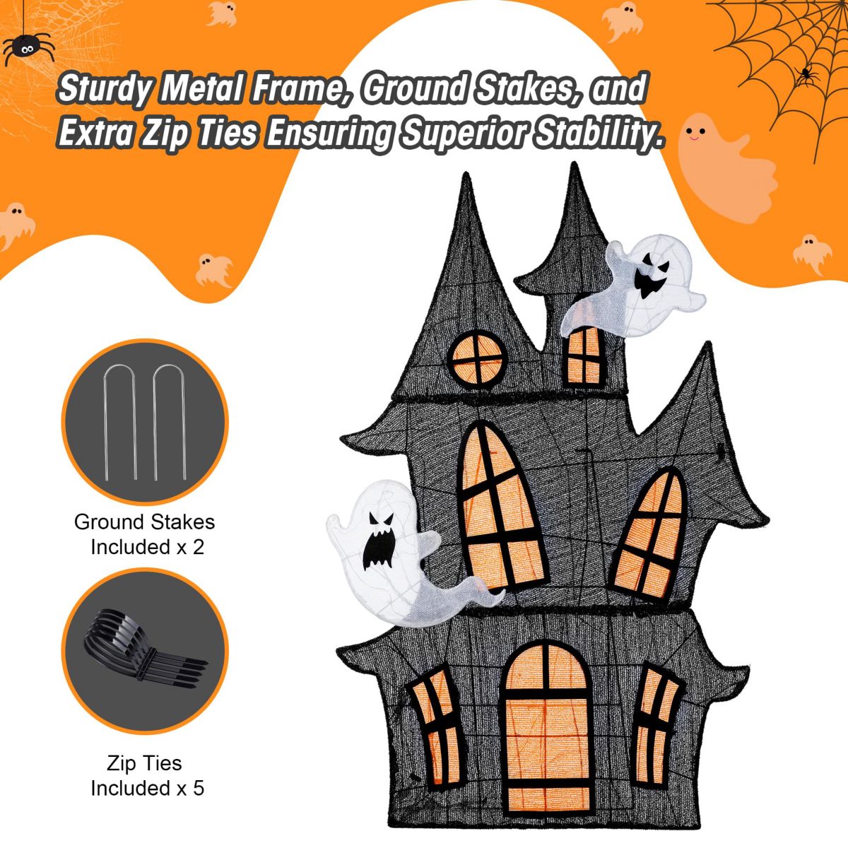 61.75"H Lighted Halloween 2D Haunted House Outdoor Décor with 210 Warm White LED Lights （KD）