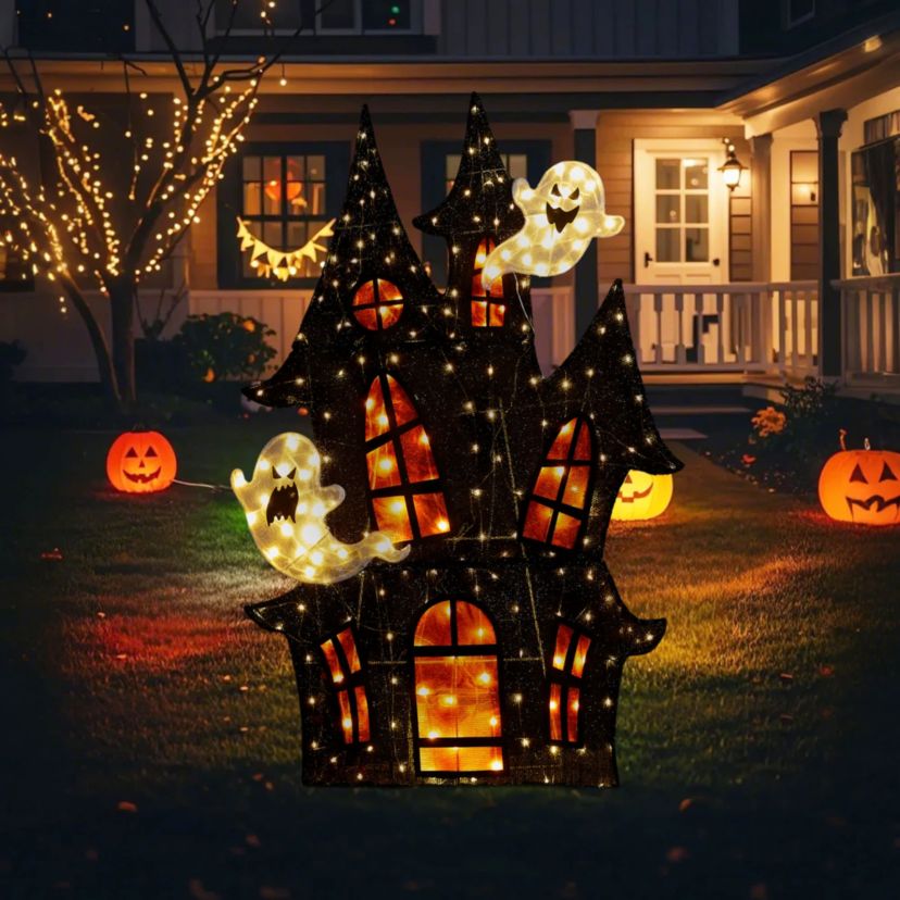 61.75"H Lighted Halloween 2D Haunted House Outdoor Décor with 210 Warm White LED Lights （KD）
