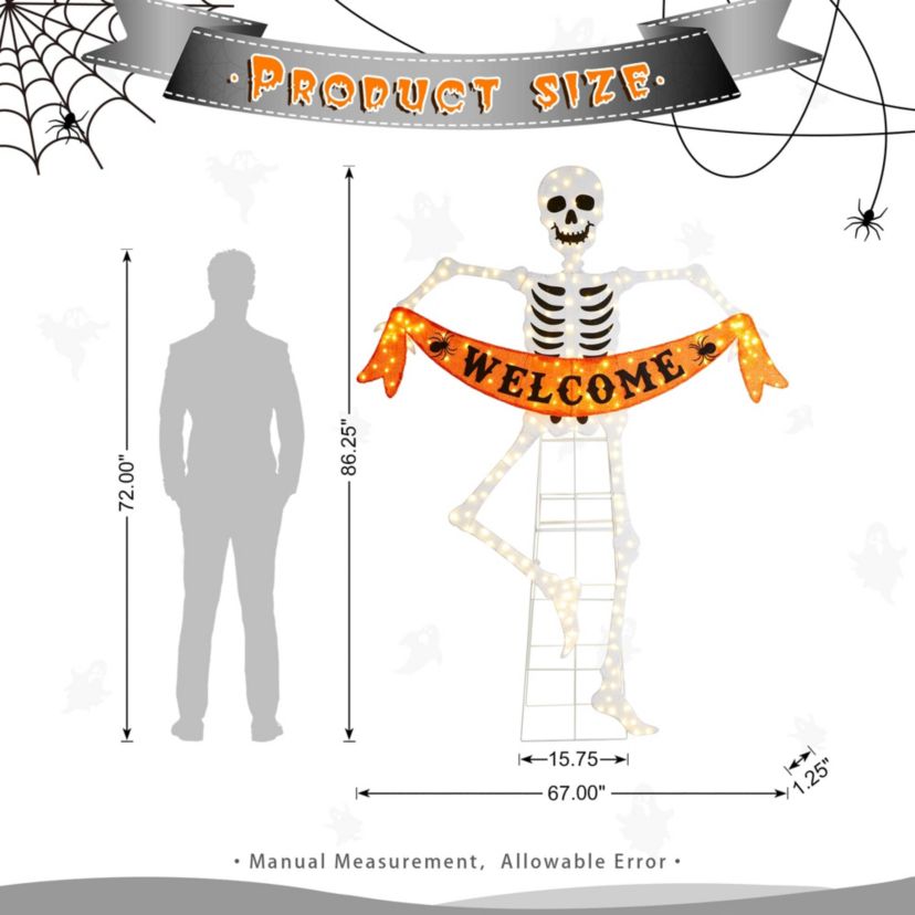 86.25"H Lighted Halloween 2D Skeleton Outdoor Décor with 220 warm White LED Lights （KD）