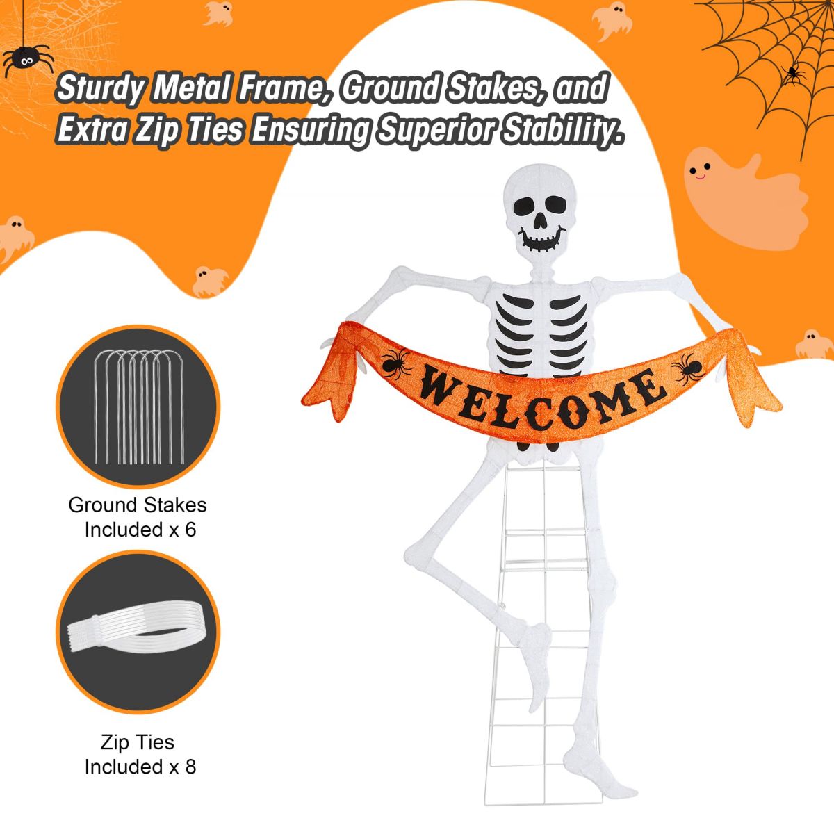 86.25"H Lighted Halloween 2D Skeleton Outdoor Décor with 220 warm White LED Lights （KD）