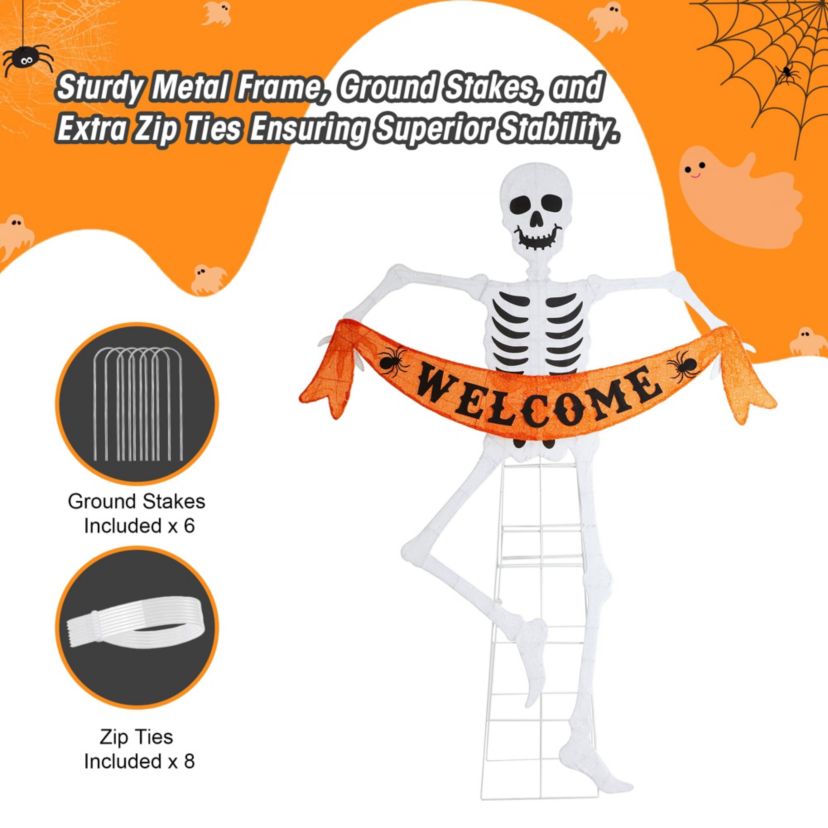 86.25"H Lighted Halloween 2D Skeleton Outdoor Décor with 220 warm White LED Lights （KD）